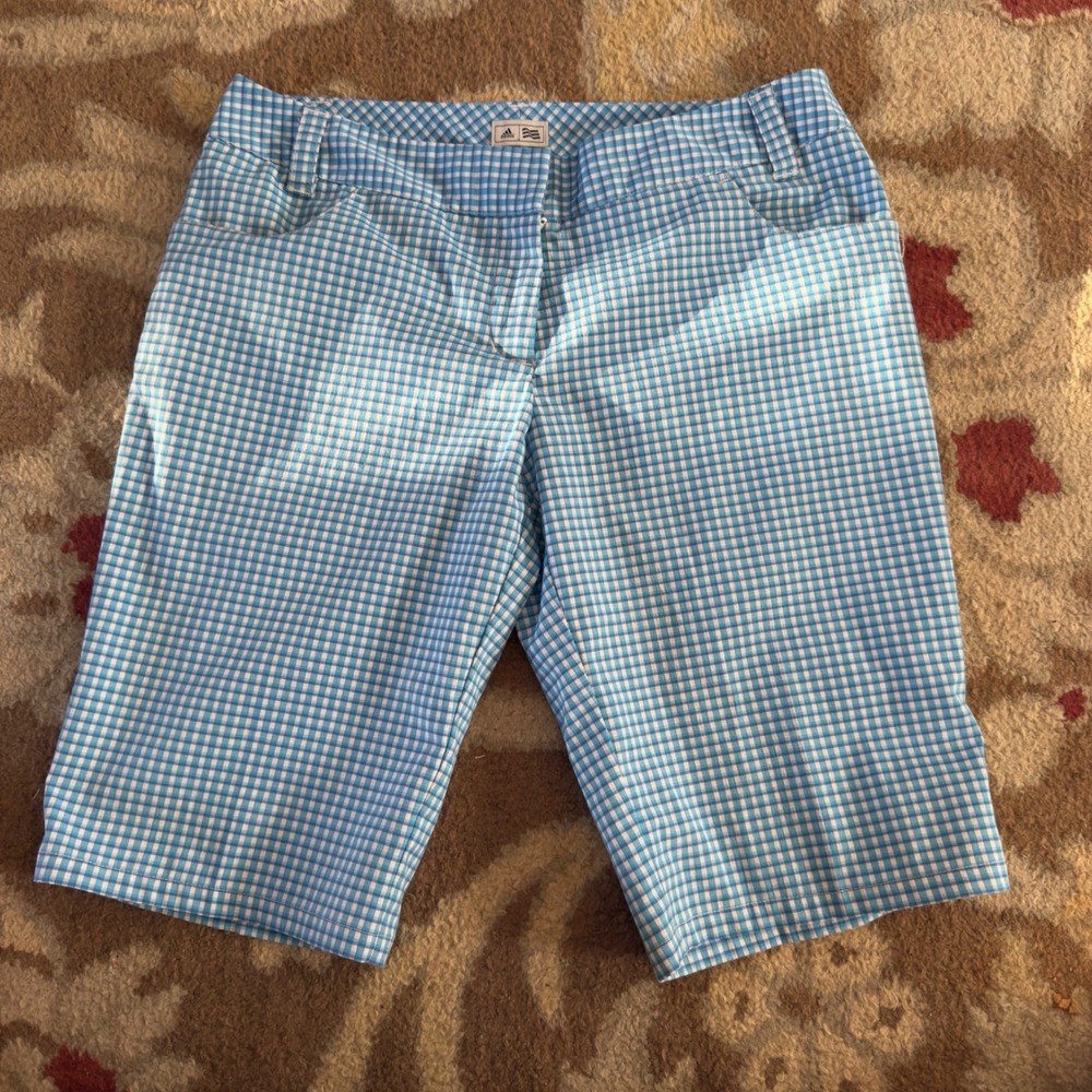 Adidas Golf Shorts Women‎ Blue Gingham Bermuda Stretch Casual Preppy Pink Logo 6